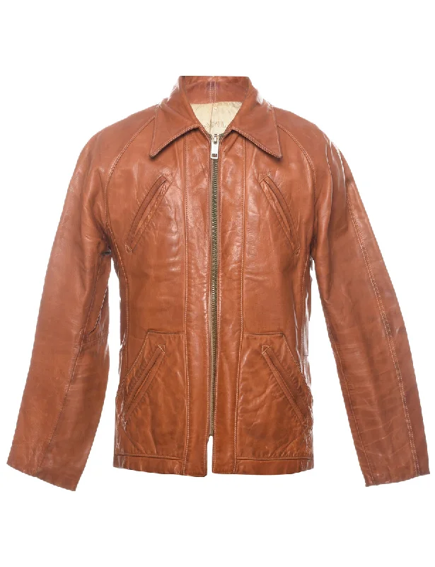 Members Only Tan Zip-Front Leather Jacket - S