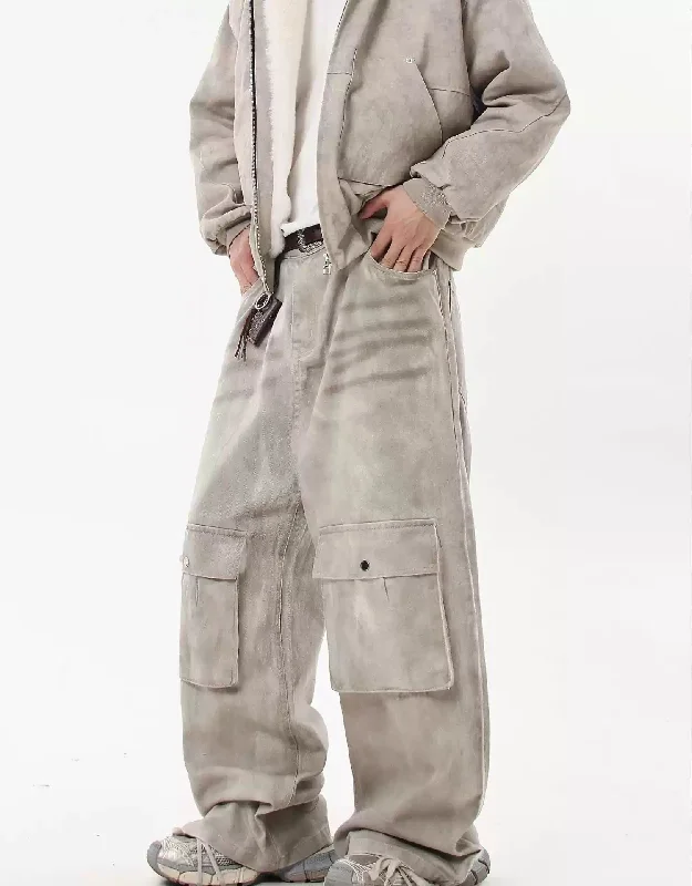 Seasonal Clearance Faded Whisker Paint Straight Jeans