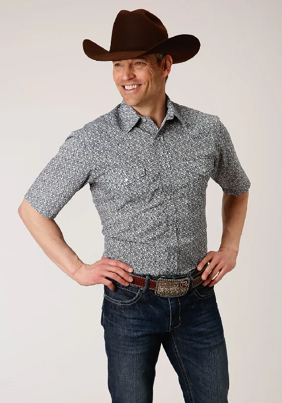 Year-End Clearance Roper Mens Navy/Cream Cotton Blend Floral S/S Shirt