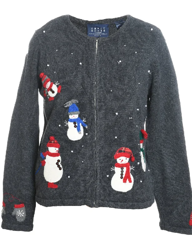 Weekend Bargains to Cherish Snowman Design Grey Zip-Front Christmas Cardigan - M