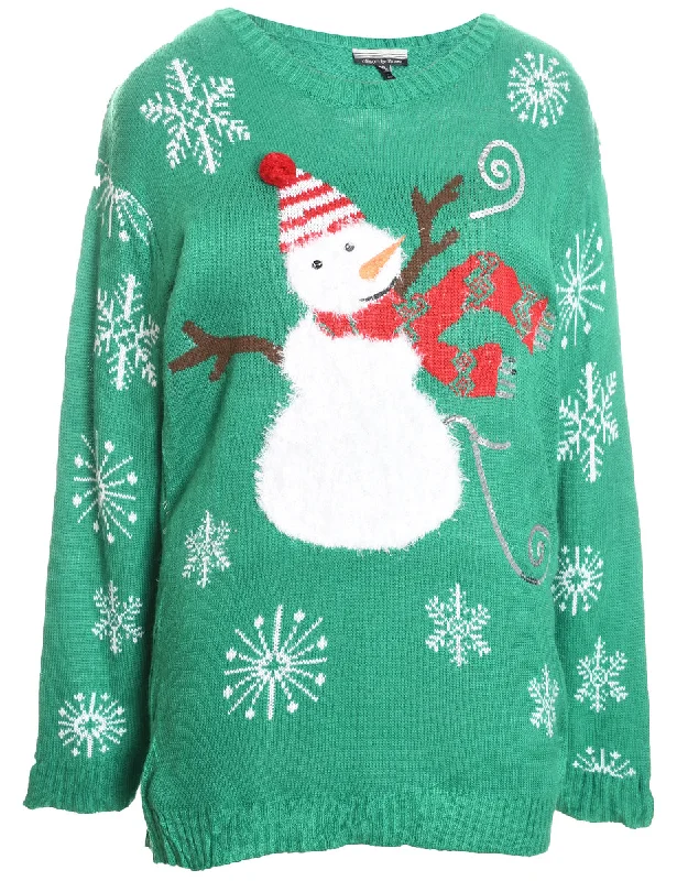 Weekend Specials to Savor Snowman Design Green Striped Knit Christmas Jumper - XL