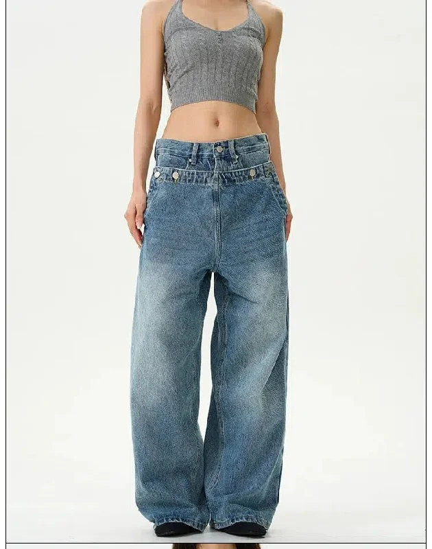 Weekend Discounts to Savor Faded Double-Waist Style Jeans