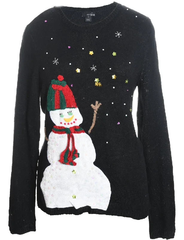 Weekend Savings Bonanza Snowman Design Black Knit Christmas Jumper - M