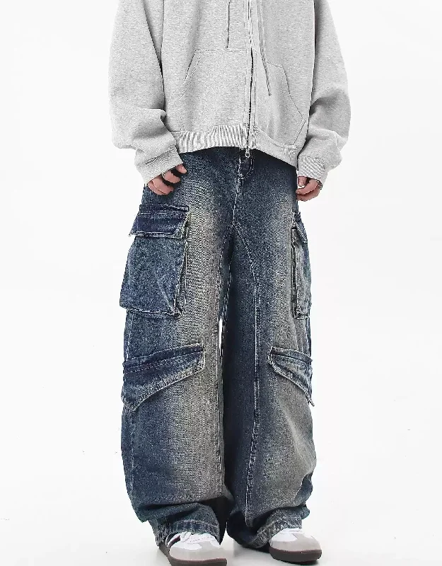 Midnight Sale Wide Multi-Pockets Faded Jeans
