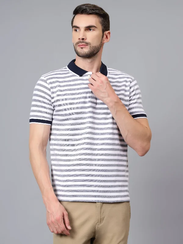 Weekend Savings Spree Men's White Striped Polo Neck Half Sleeve T-shirt