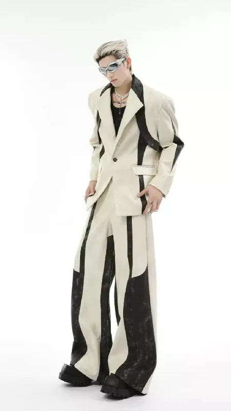 Final Clearance Contrast PU Leather Spliced Blazer & Pants Set